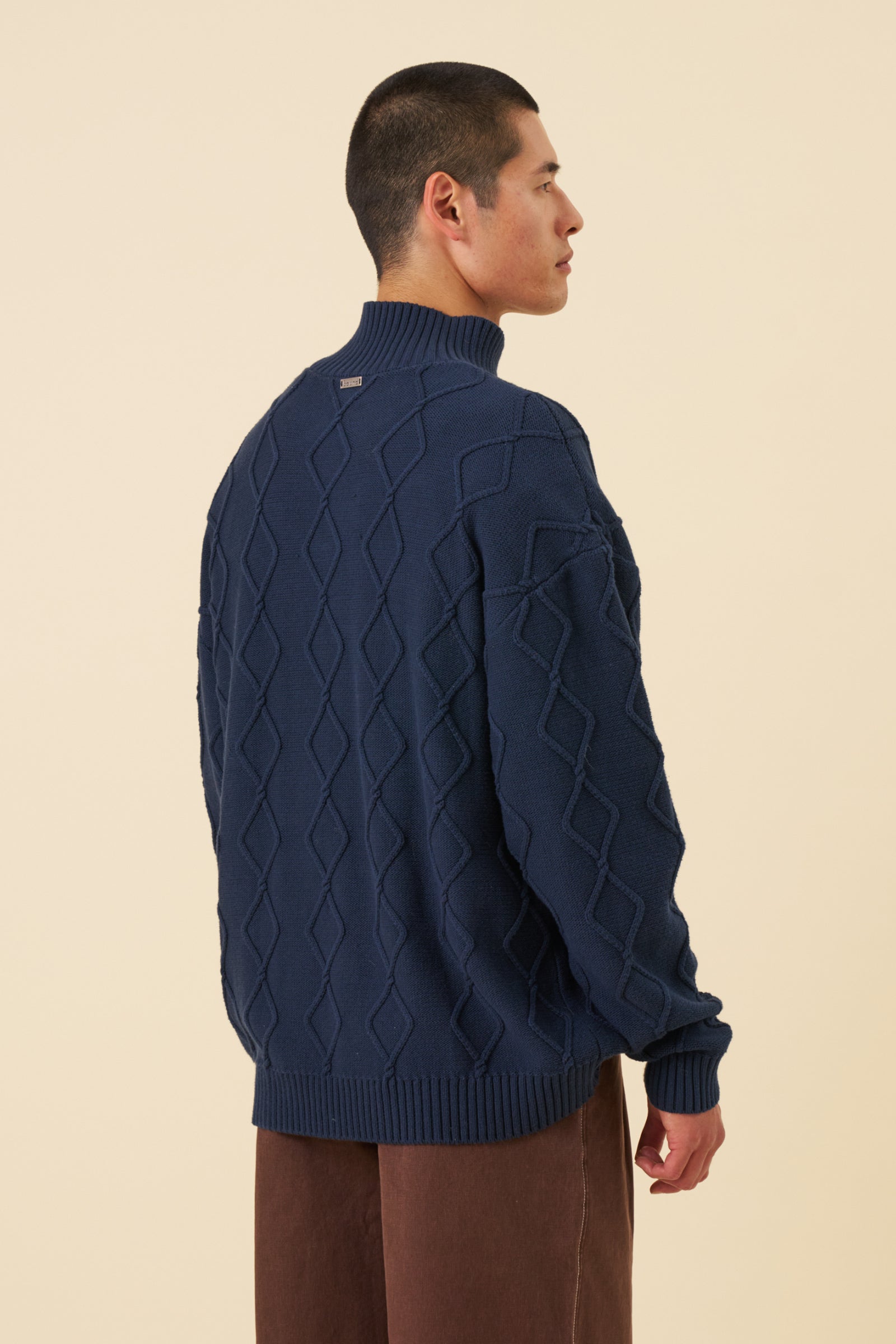 DIAMOND CABLE MOCK NECK KNIT - NAVY