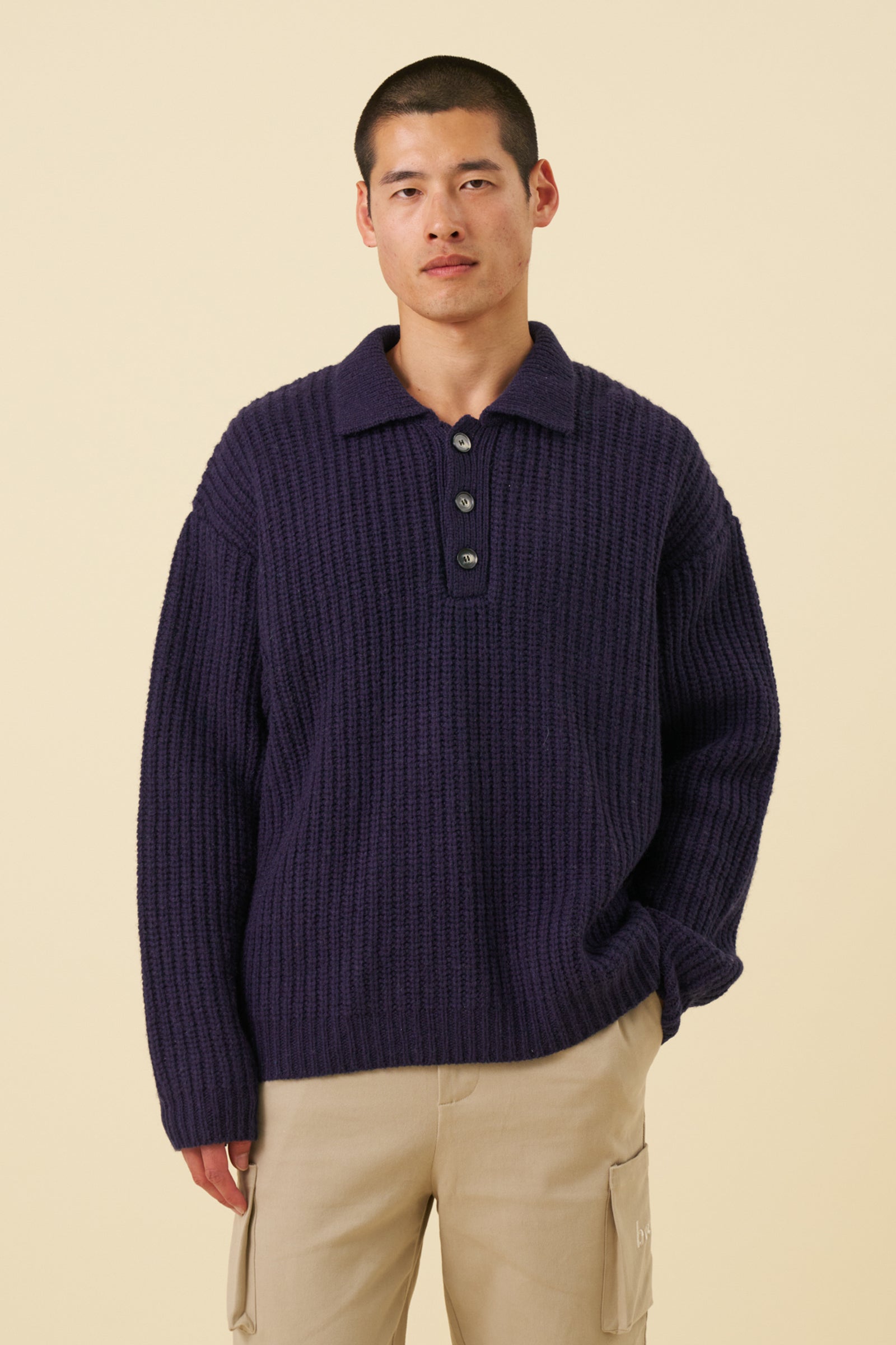 WOOL BUTTON POLO - OCEAN NAVY