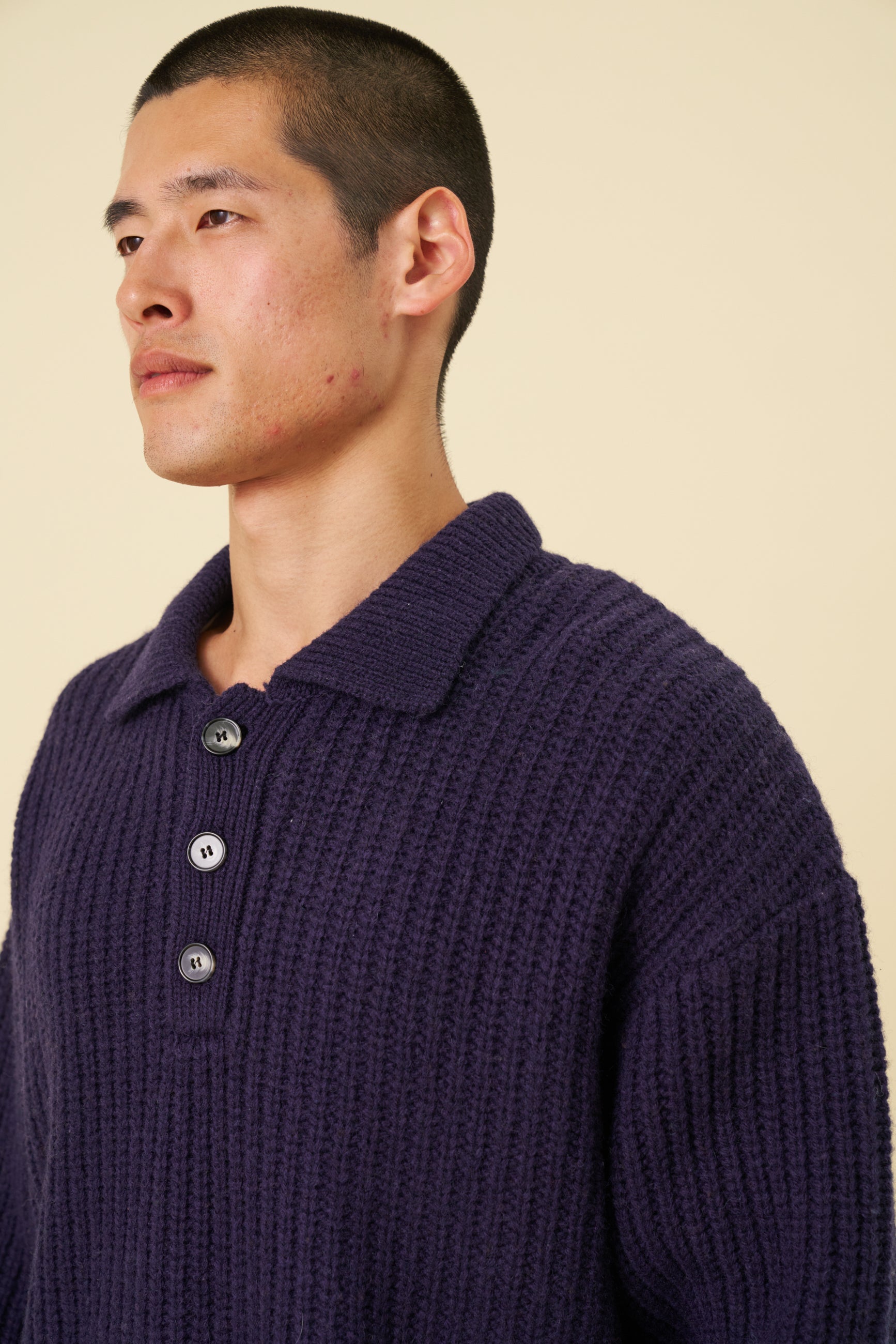 WOOL BUTTON POLO - OCEAN NAVY