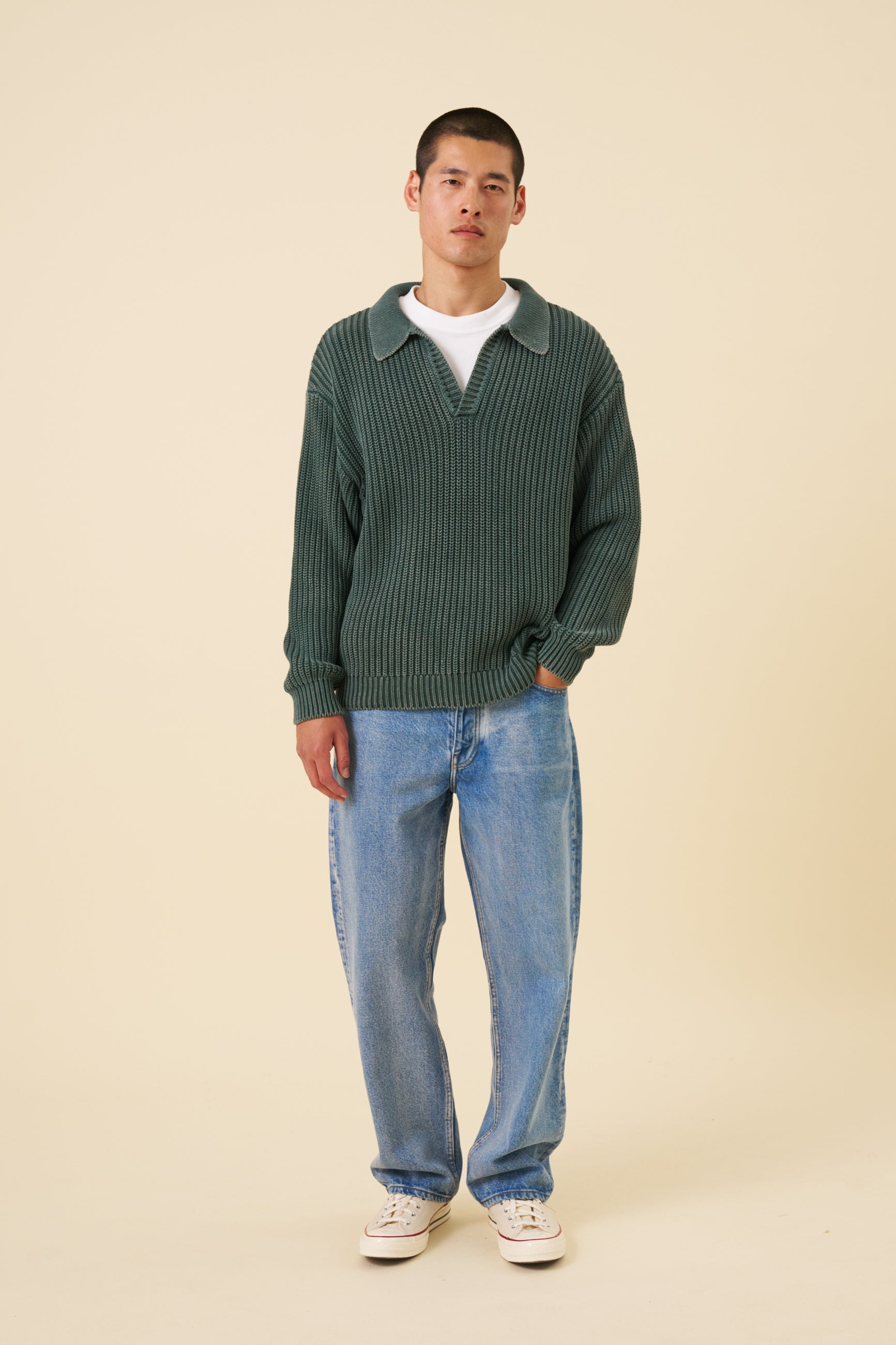 OPEN COLLAR ACID WASH KNIT - GREEN