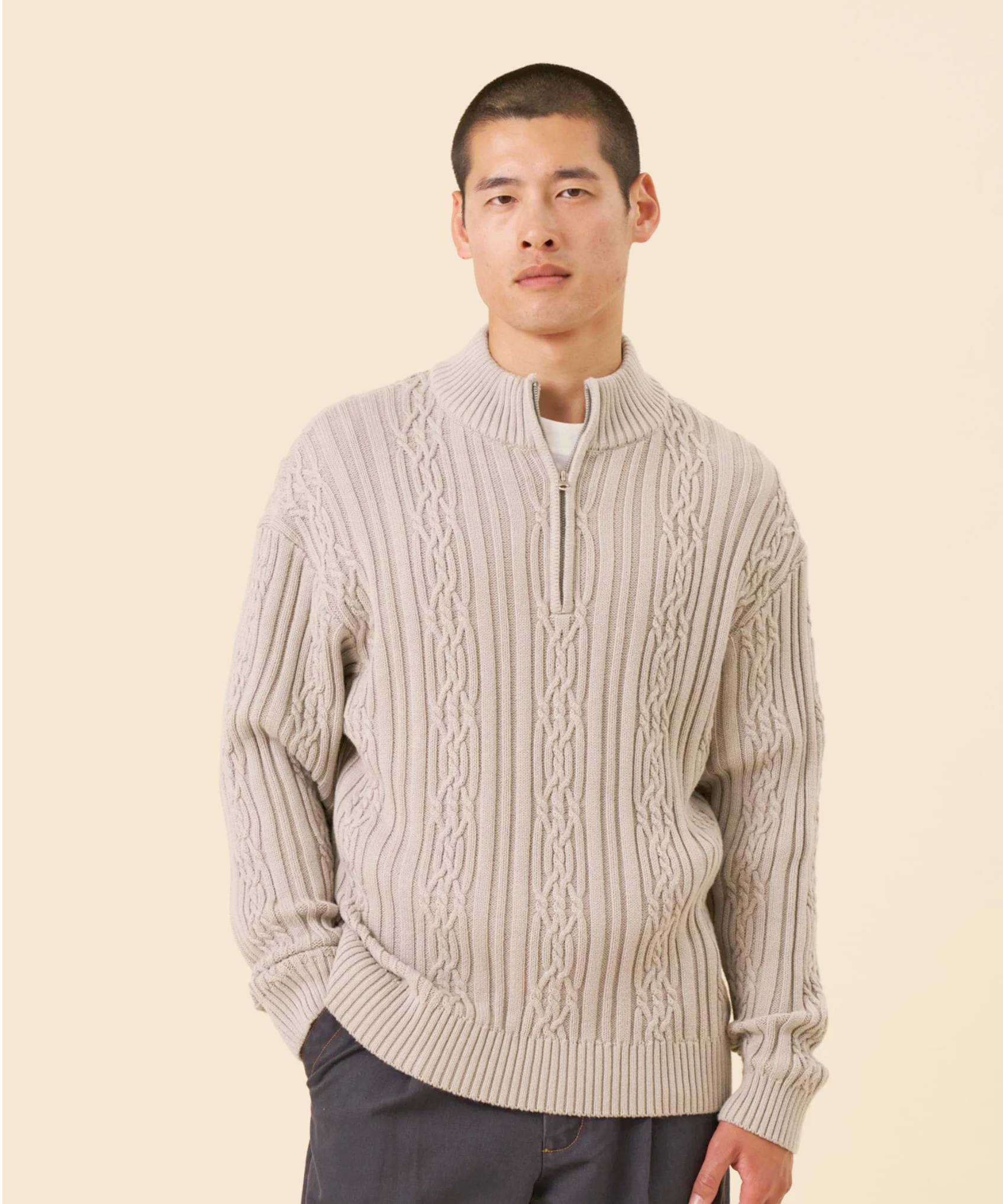 CABLE KNIT HALF ZIP - MID GREY