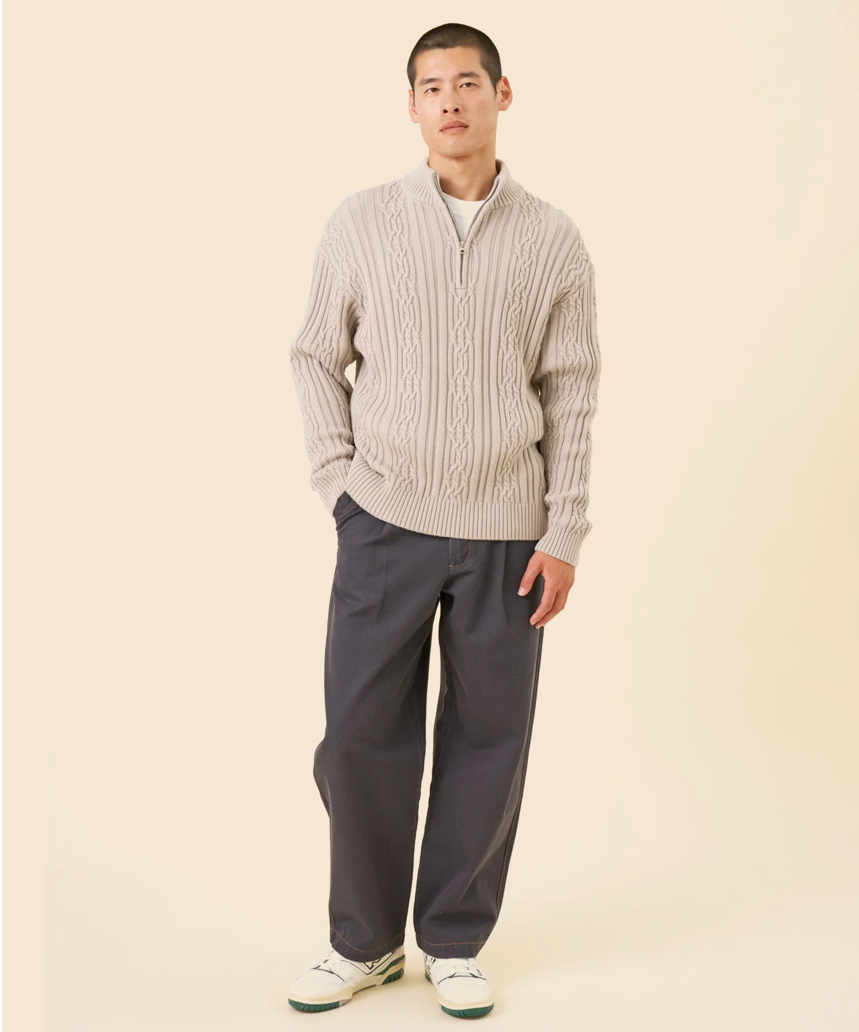 CABLE KNIT HALF ZIP - MID GREY