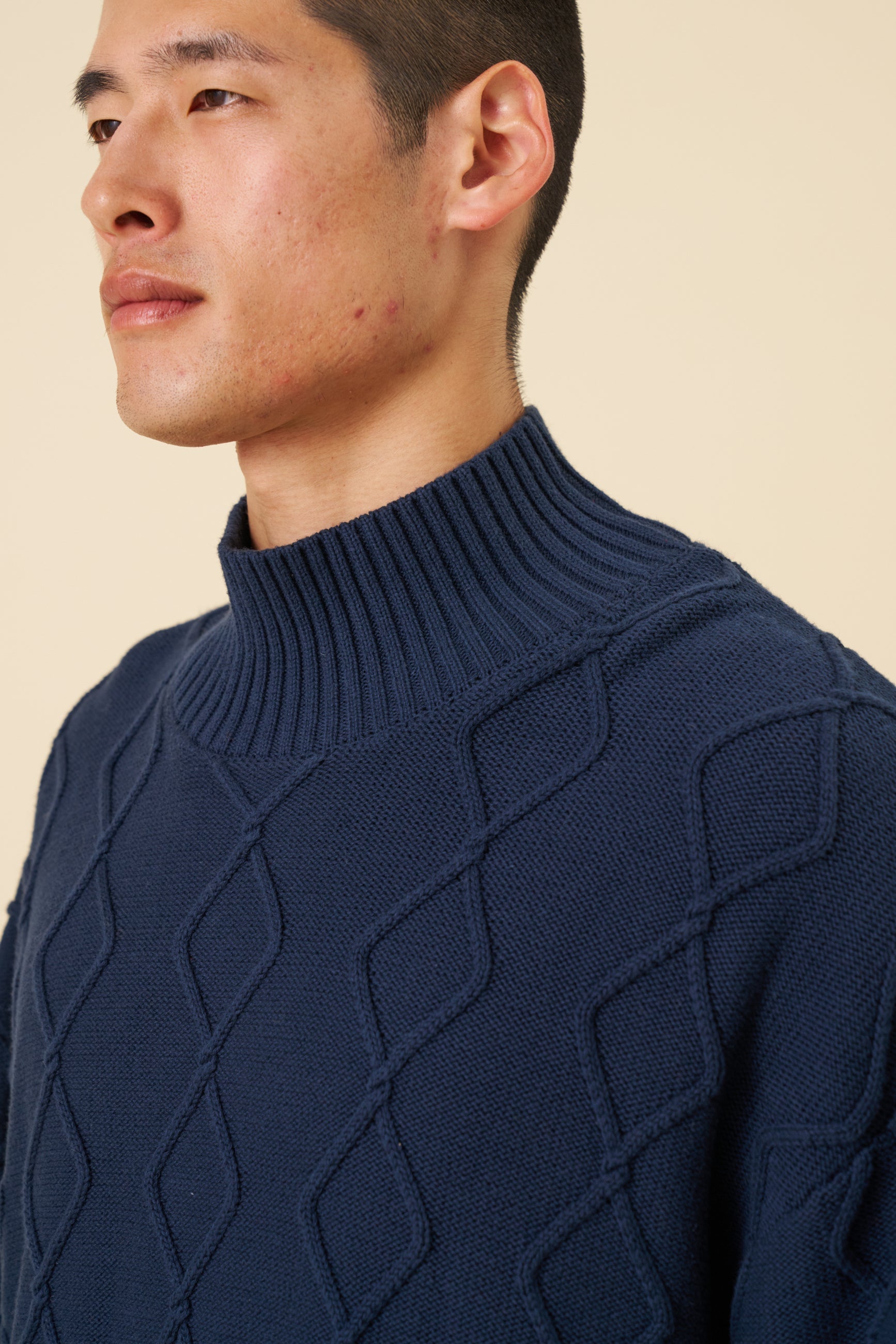 DIAMOND CABLE MOCK NECK KNIT - NAVY