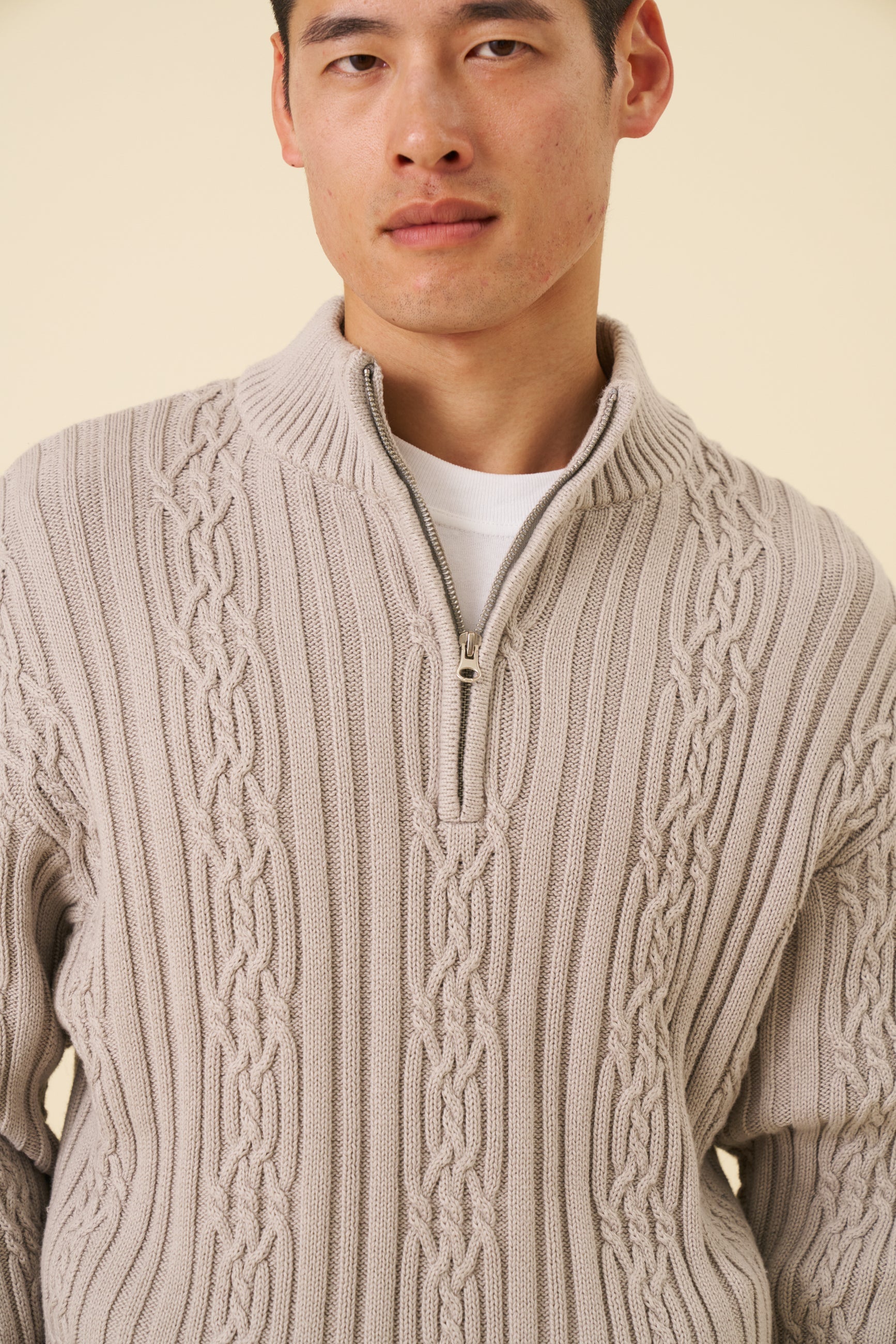 CABLE KNIT HALF ZIP - MID GREY