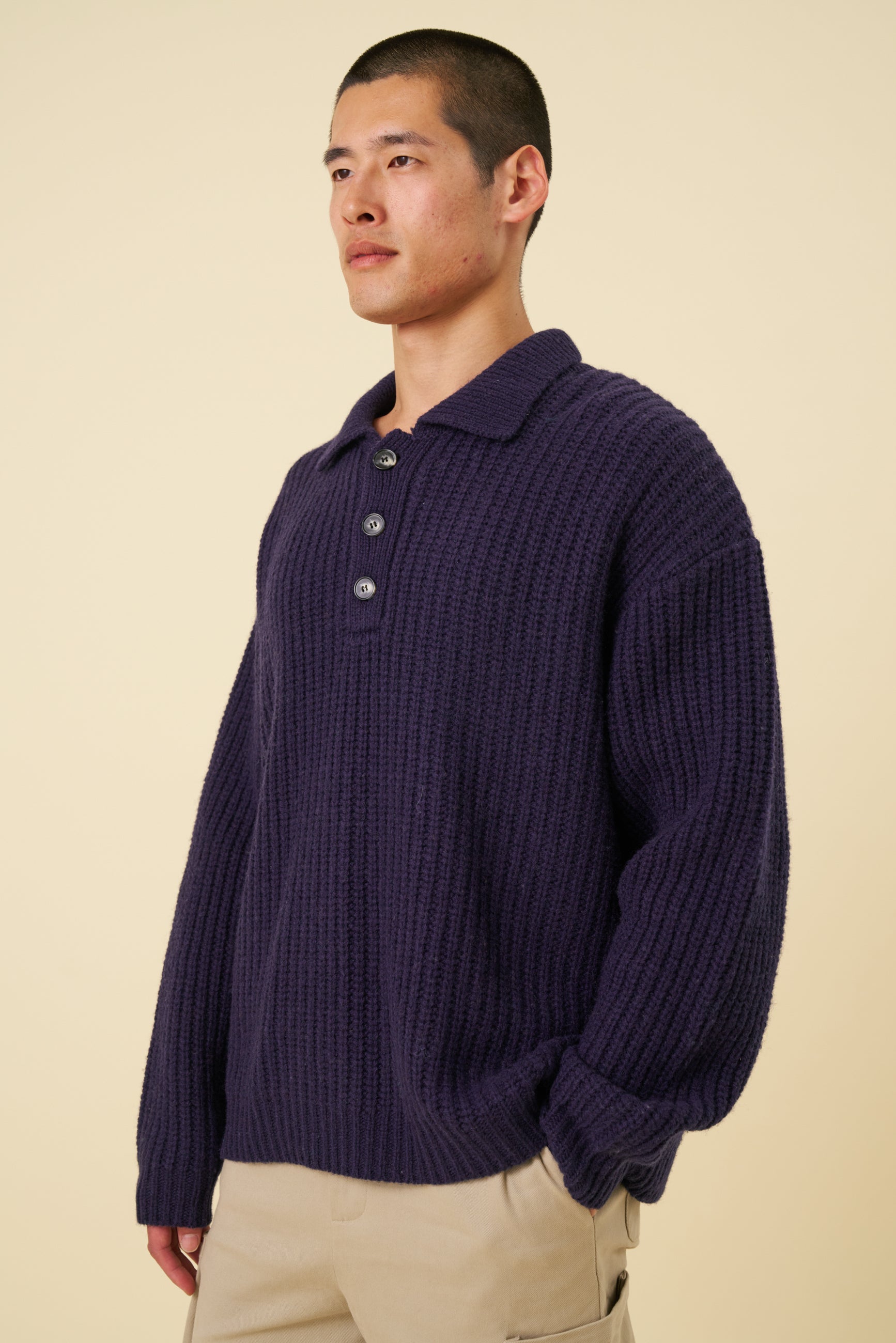 WOOL BUTTON POLO - OCEAN NAVY