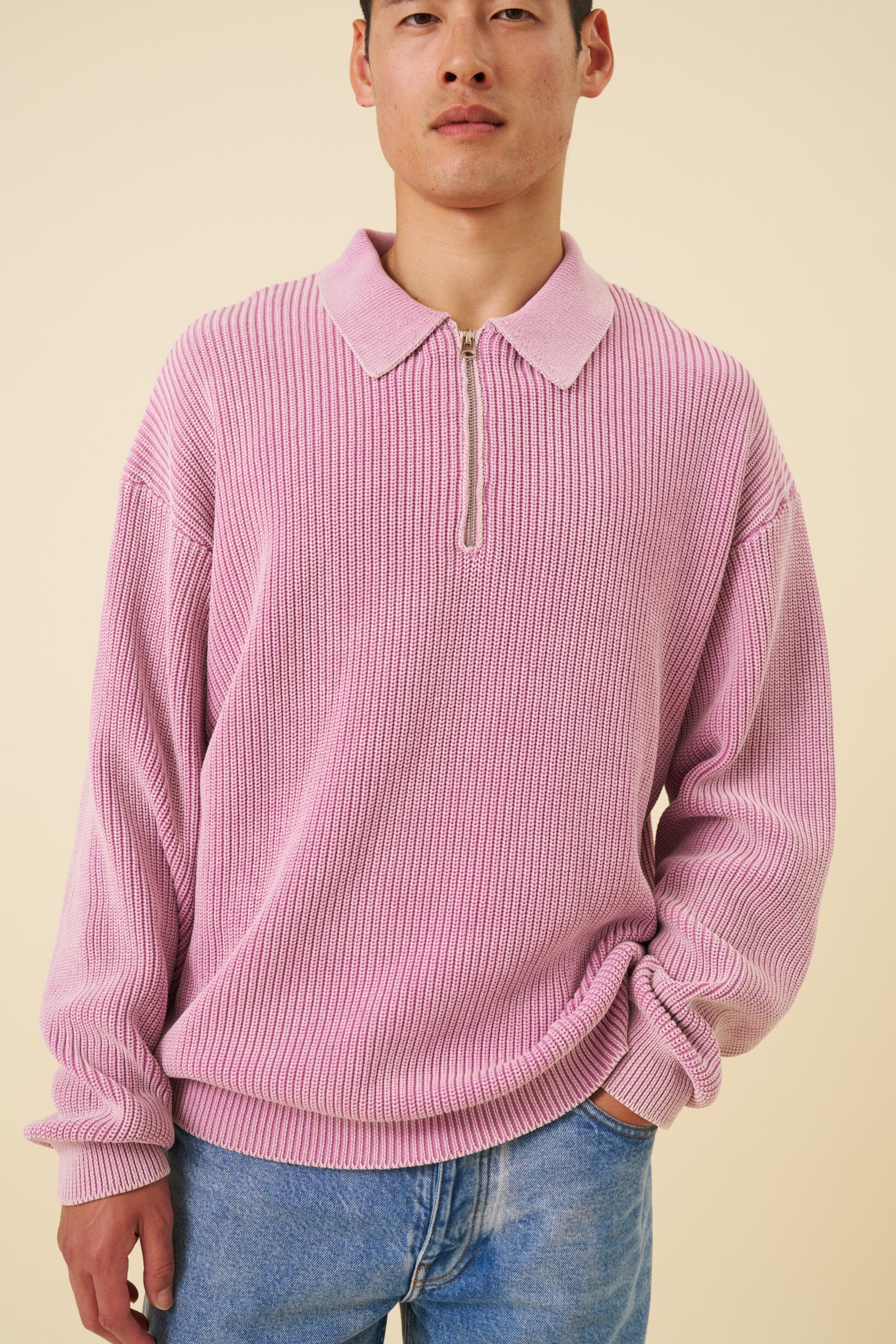 ROSE PINK ACID WASH HALF ZIP KNIT PULLOVER