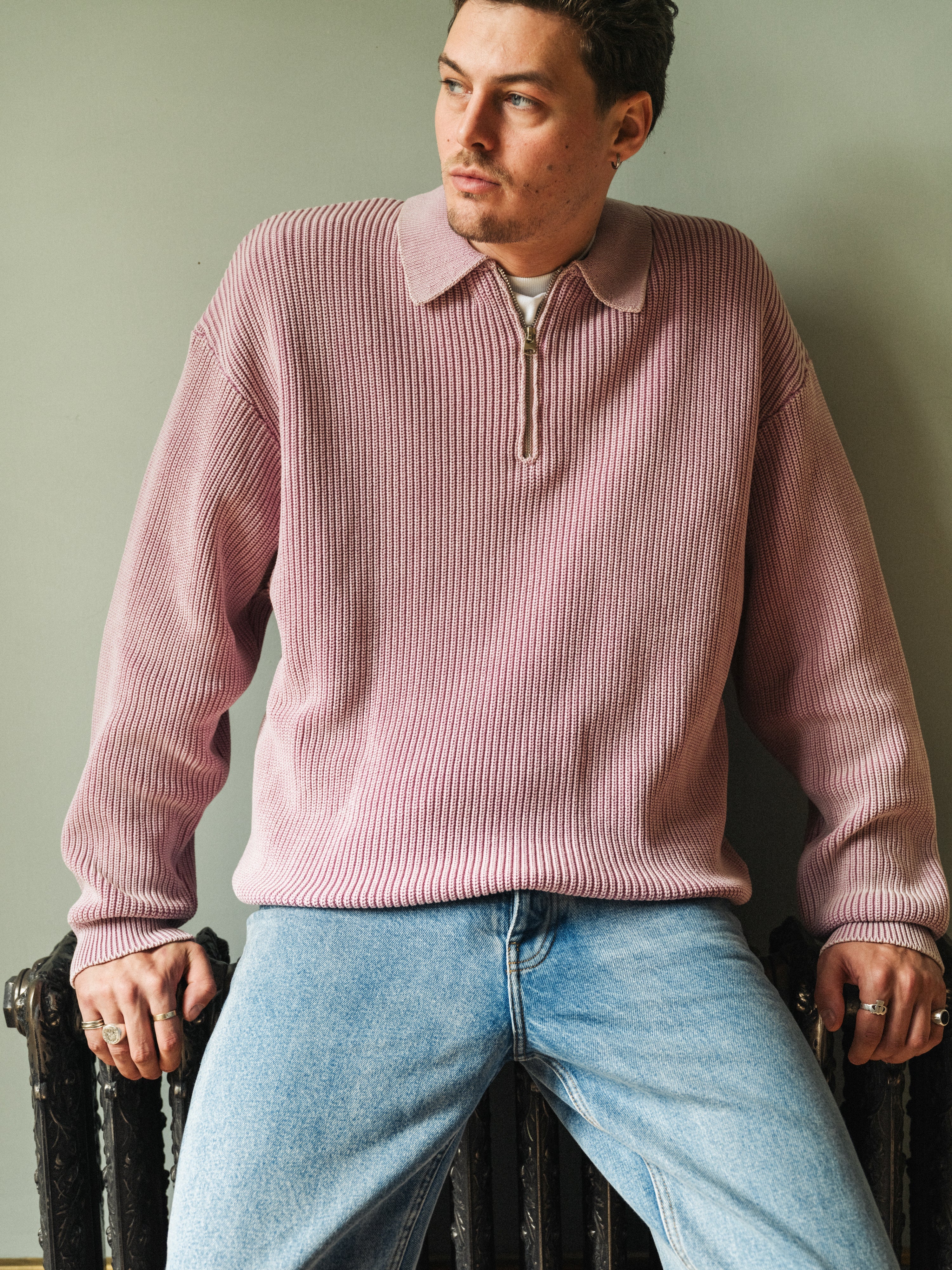 ROSE PINK ACID WASH HALF ZIP KNIT PULLOVER