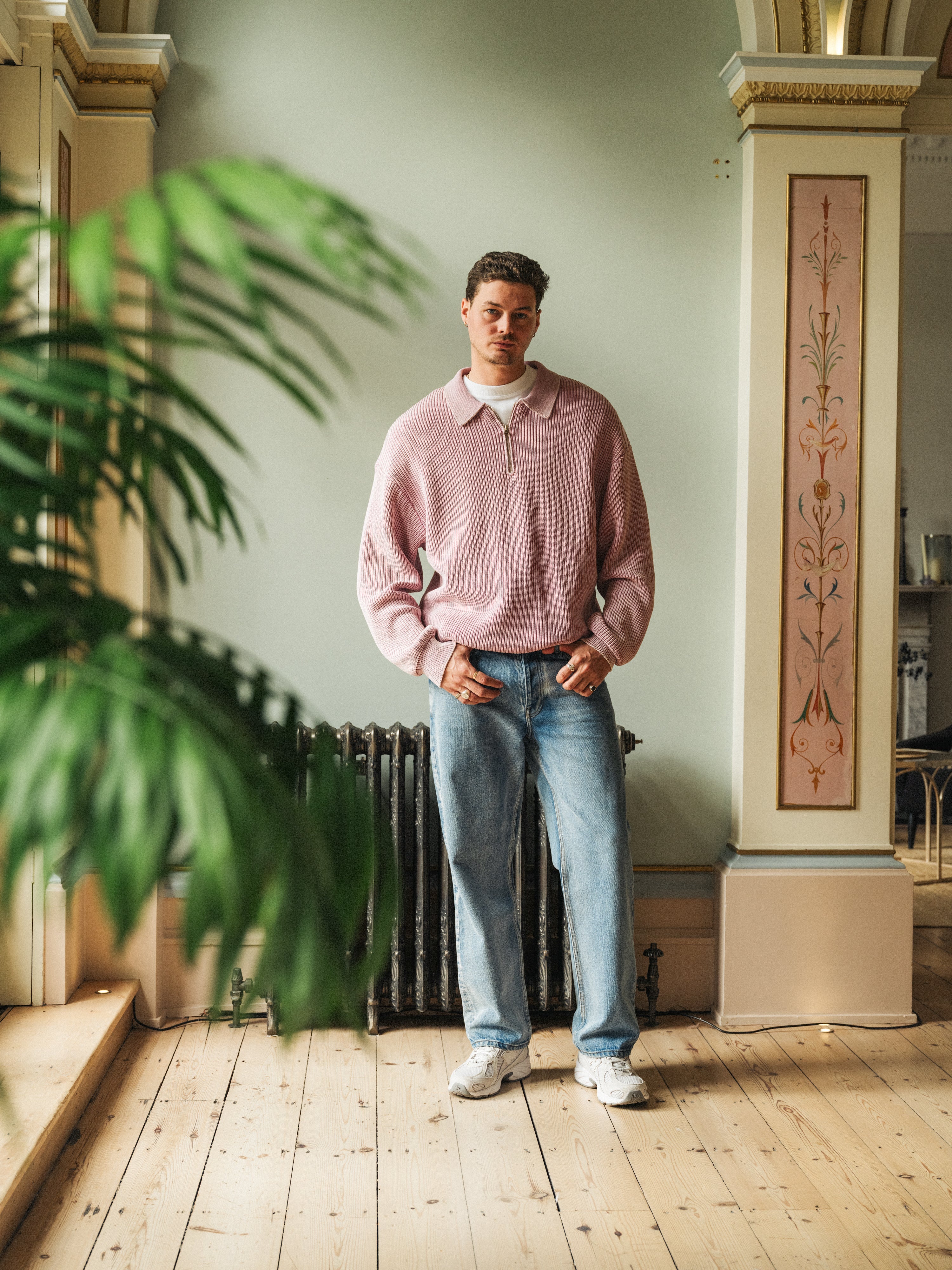 ROSE PINK ACID WASH HALF ZIP KNIT PULLOVER