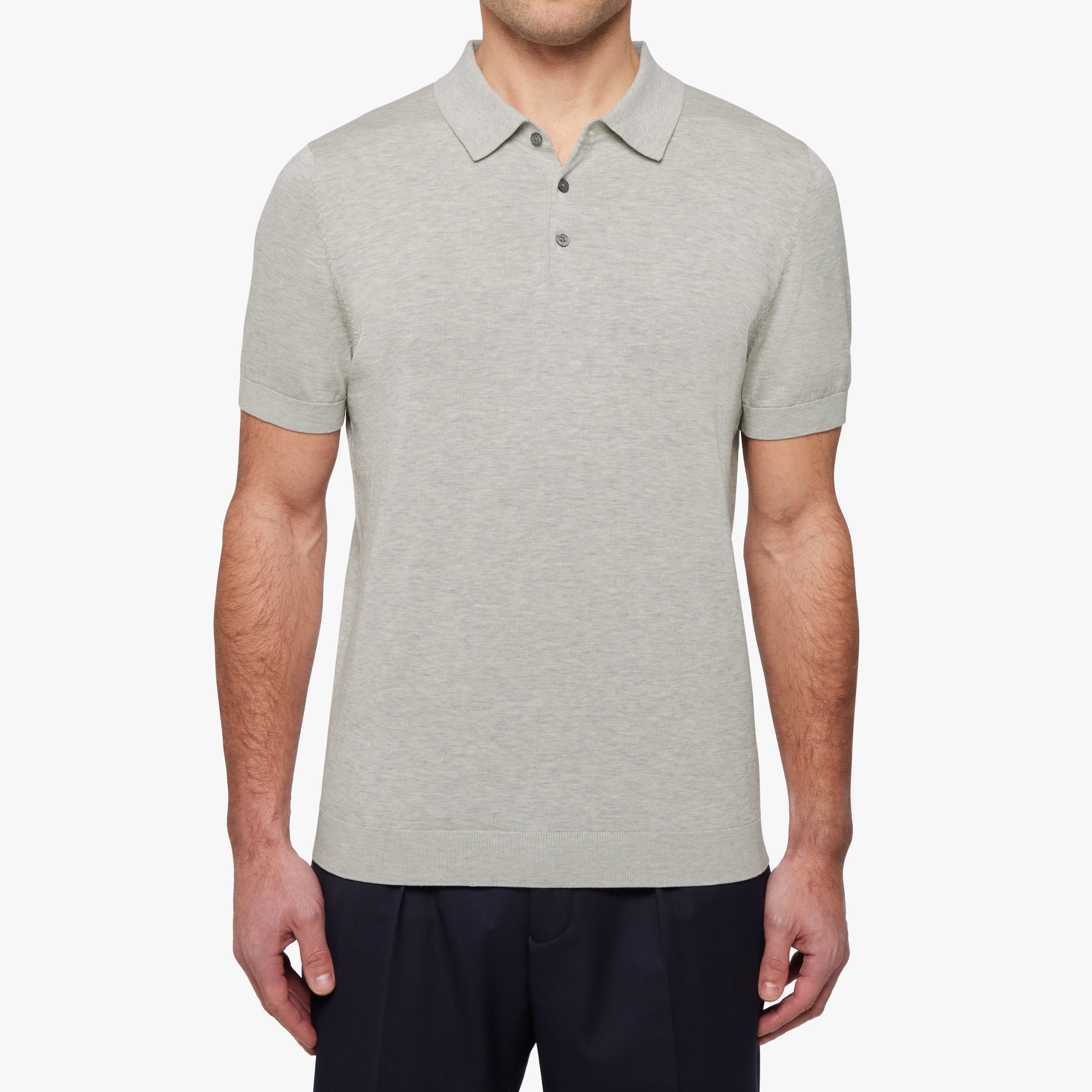 Cotton Silk Button Polo Navy Mens